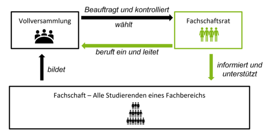 Alle Studierenden eines Fachbereichs sind die Fachschaft, die bilden eine Fachschaftsvollversammlung, welche den Fachschaftsrat beauftragt und kontrolliert, welcher für die Leitung und Einberufung der FVV zuständig ist. Der Fachschaftsrat informiert und unterstützt die Fachschaft.