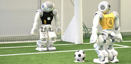 A robot with a black jersey stands in a soccer goal and a second robot stands with a ball at the penalty spot.