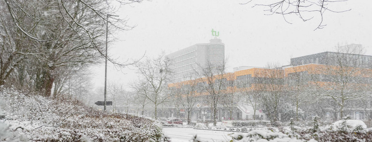 Kahle Bäume und Büsche, im Hintergrund Mathematikgebäude und Mensagebäude im Schnee.